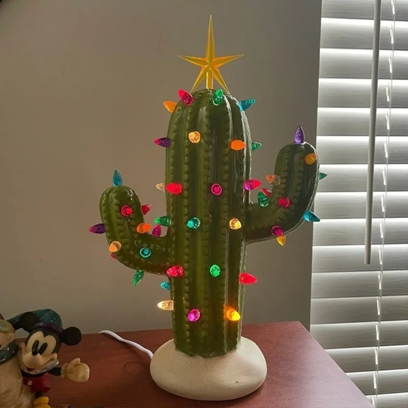 

Vintage Christmas Cactus Night Light Resin Cactus Tree Modern Vintage LED Christmas Tree Cactus For Xmas Home Tabletop Decor