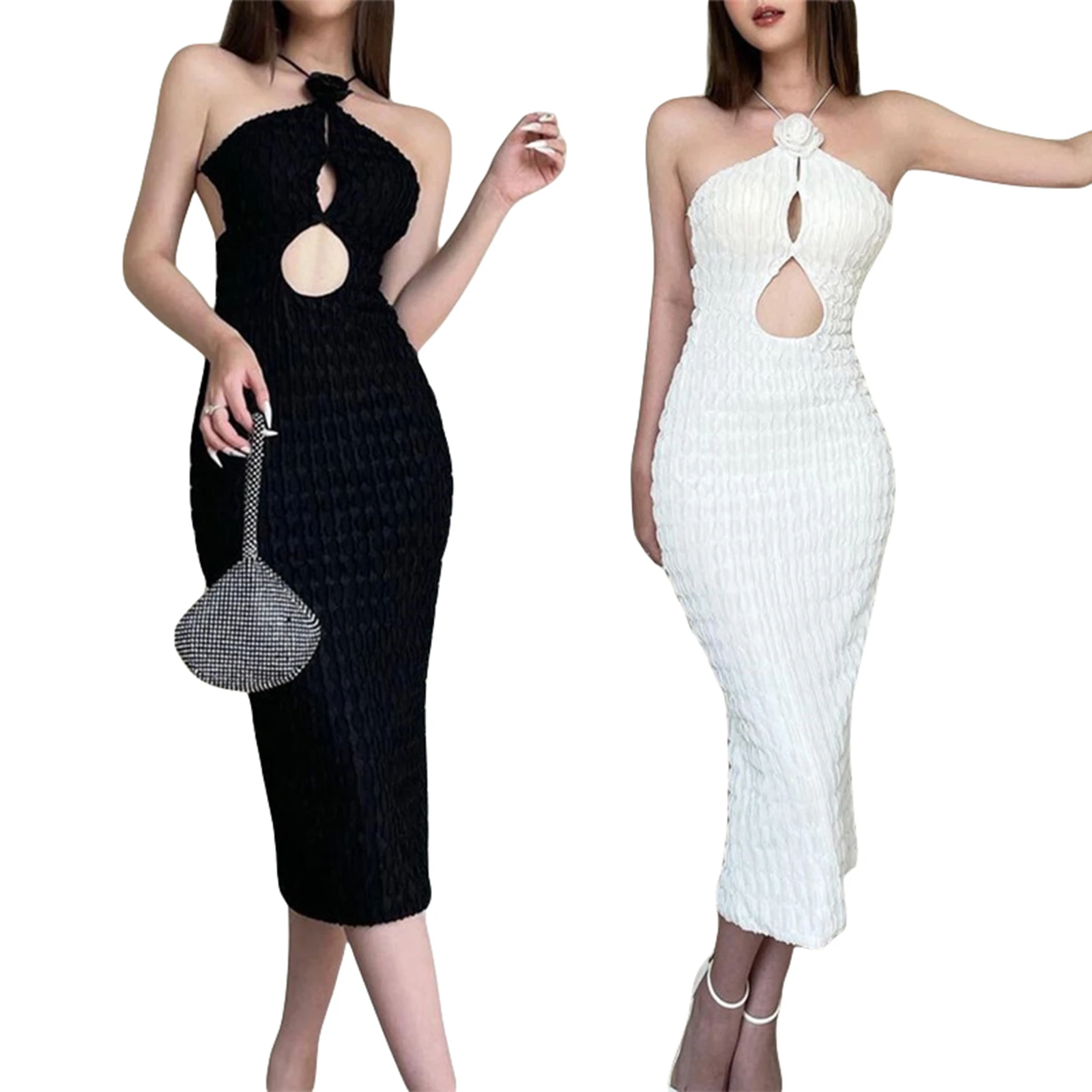 

Women's Modified Cheongsam Long Dress Solid Color Floral Decoration Halter Neck Off Shoulder Cutout Dress