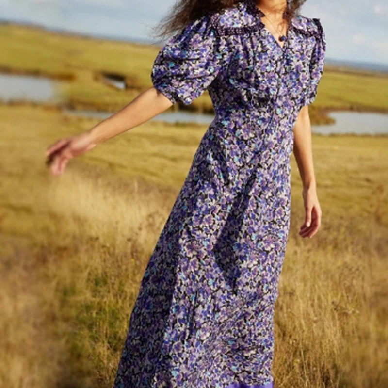 

French Vintage Purple Floral Print Midi Dress Women's Puff Sleeves Lace-up V-Neck Neck Waist Elegant Robe with Buttons