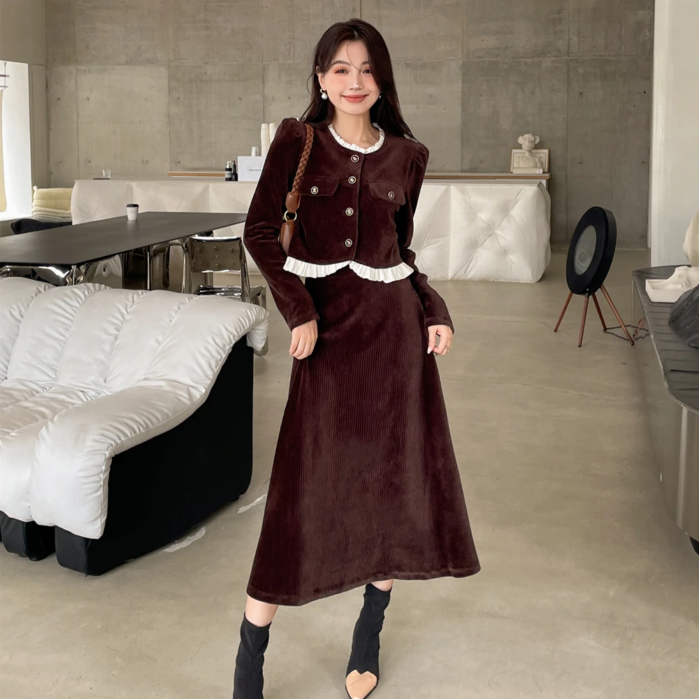 

Autumn Winter Coat Skirt Two-piece Sets Women Sweet Elegant Round Neck Ruffled Corduroy High Waist Show Thin A-line Skirt Suits