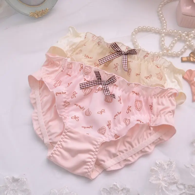 

Women Milk Silk Cute Lovely Sweety Princess Style Lolita Bow Ruffles Panties High Elasticity Middle Waist Breathable Underwear