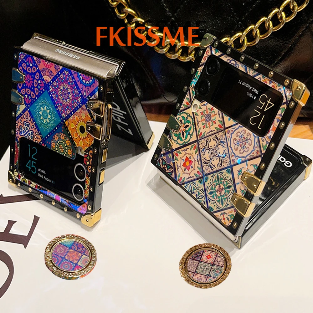 

Luxury Blue Ray Plaid Vintage Flower Pattern Cover For Samsung Galaxy Z Flip 4 Square Lanyard Case For Samsung Galaxy Z Flip 3