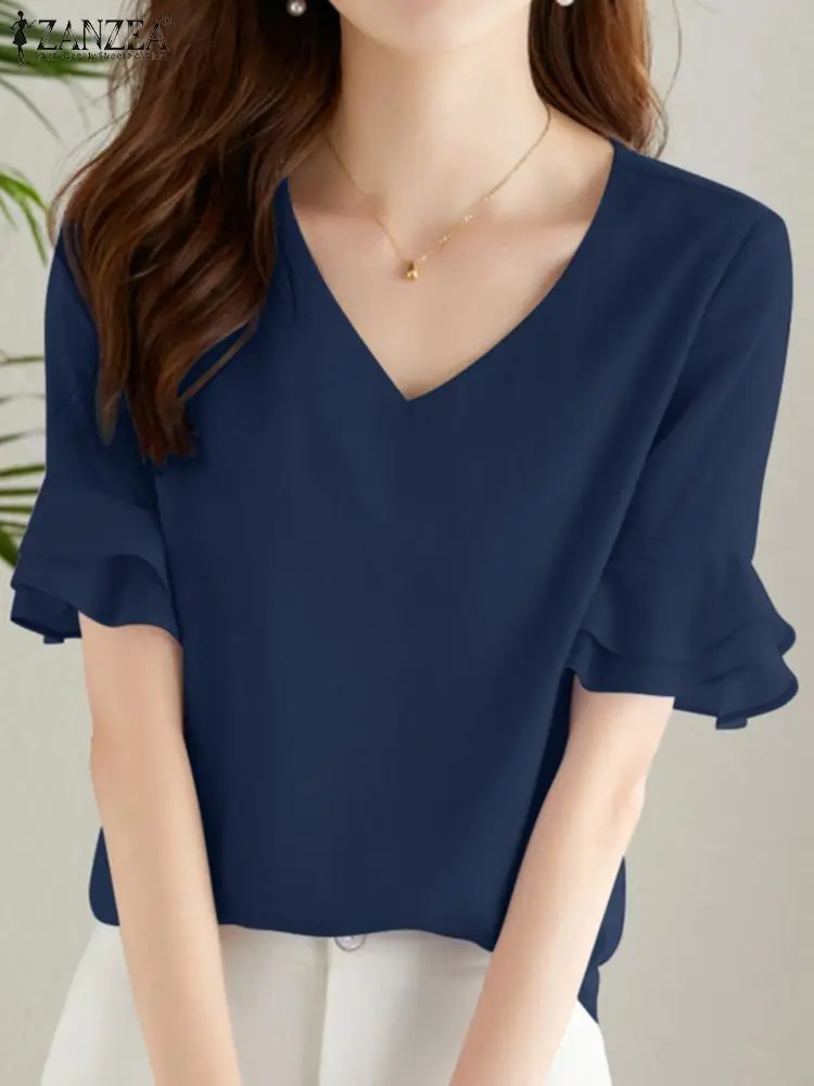 Женская двухслойная Туника ZANZEA с оборками на рукавах элегантная однотонная