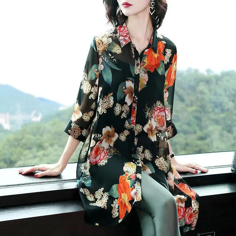 

Chiffon Printed Turn-down Collar Casual Blouse 2023 Summer New 3/4 Sleeve Fashion Single-breasted Shirt Women's Clothing A106