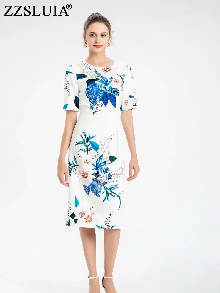 

ZZSLUIA Elegant Dresses For Women Flower Printed Designer Half Sleeve Slim Summer Dress Fashion Office Ladies One Piece Female