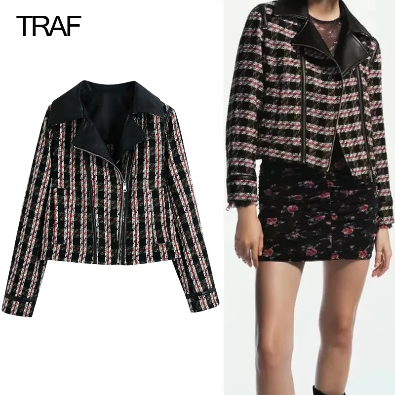 

Женская твидовая куртка в клетку, на молнии, с длинным рукавом