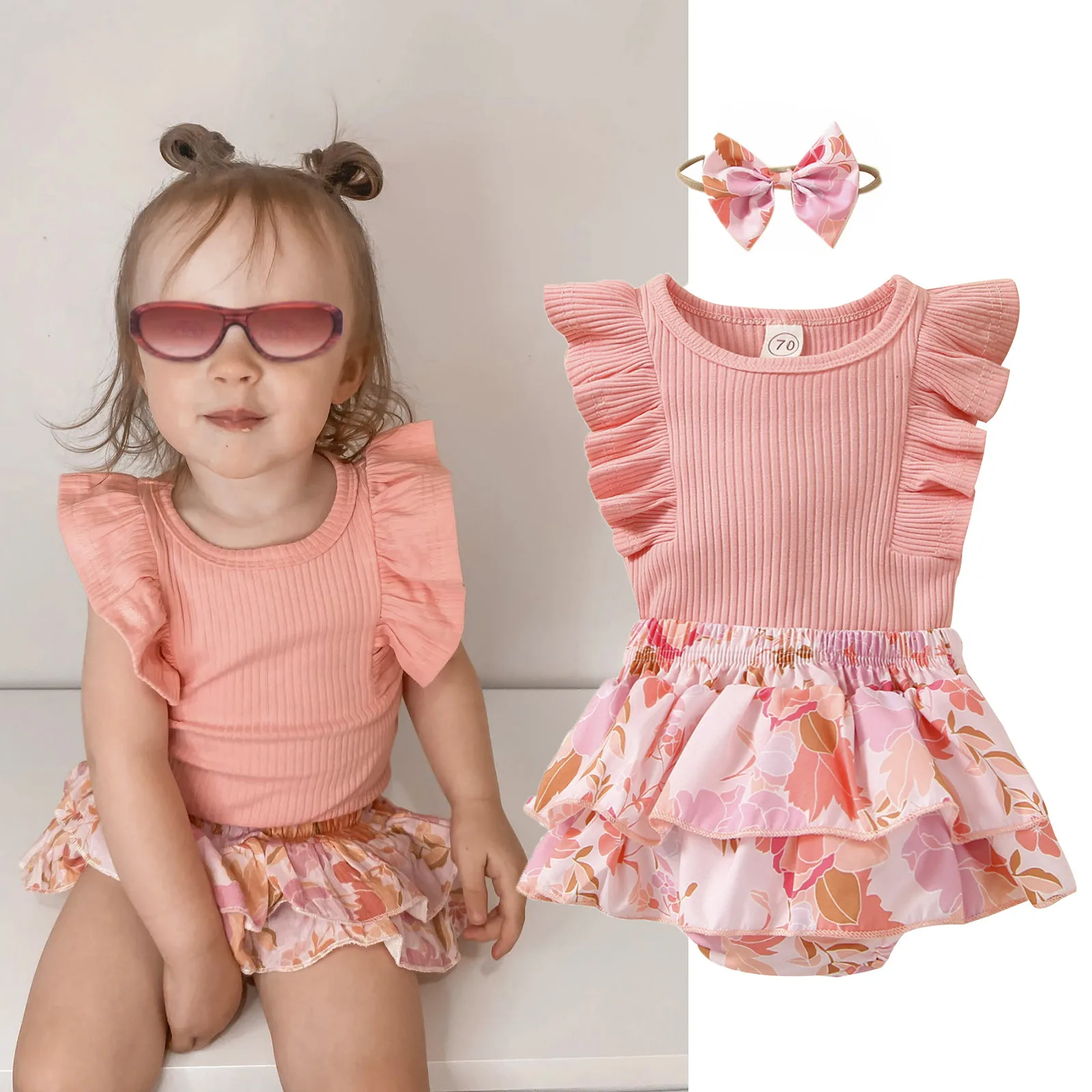 

Baby Girl Clothes Set Ruffle Sleeveless Ribbed Romper Floral Shorts Headbands 3Pc Infant Newborn Outfits Summer