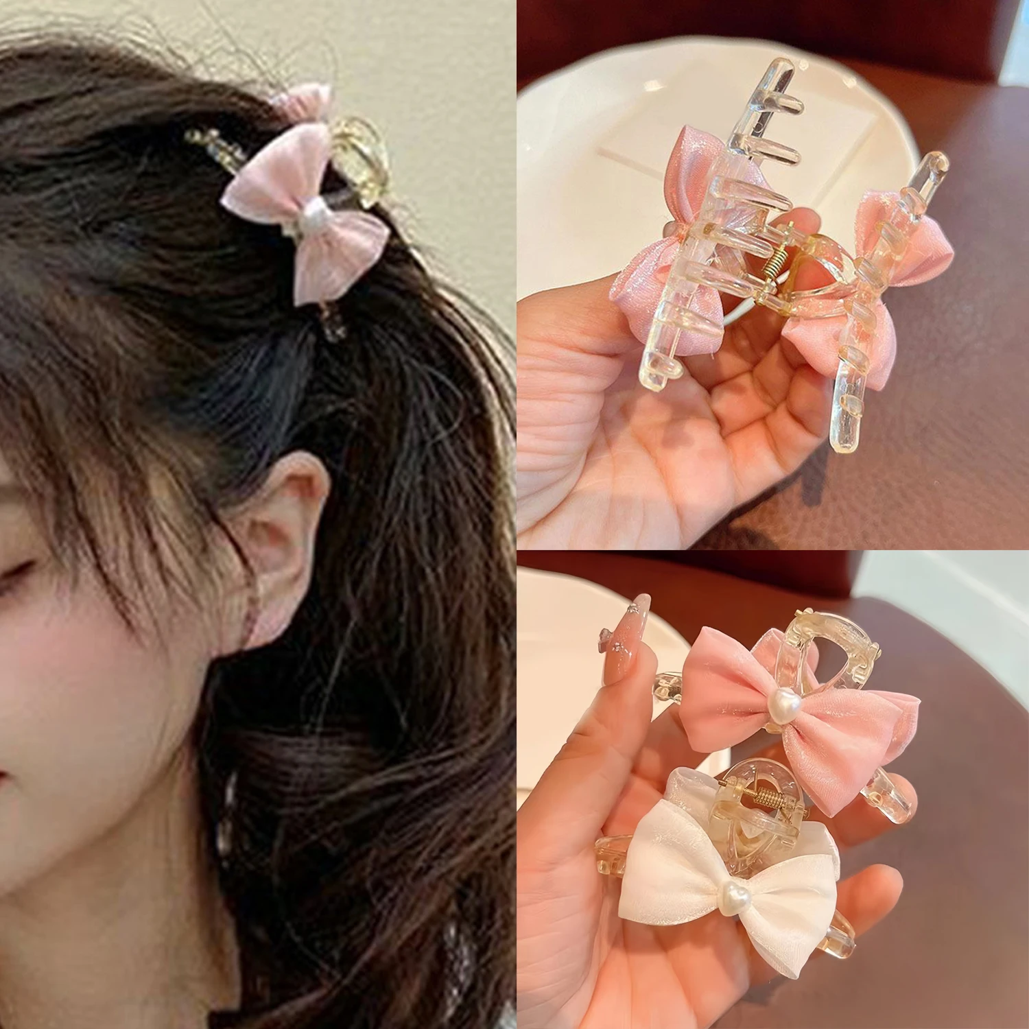 

Sweet Bow Small Hair Claw Clip Princess Organza Pearl Bowknot Hairpin Side Clips Headwear Girls Women Korean Hair Accessories