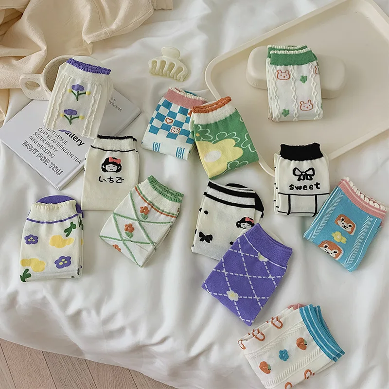 

Носки женские хлопковые с цветочной вышивкой, смешные дышащие, школьные до щиколотки в стиле Харадзюку для девочек, 1 пара, весна-лето