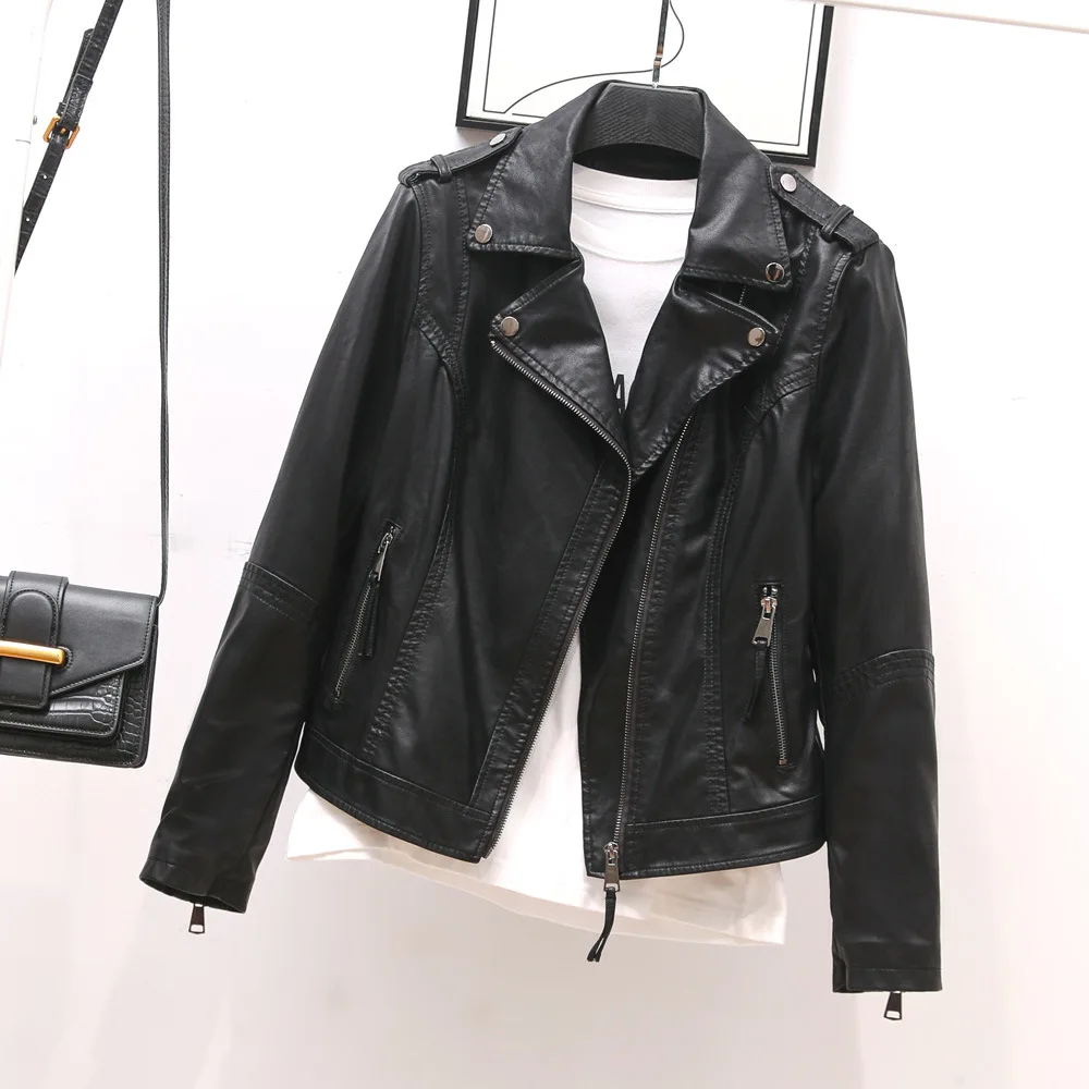 2023 autumn clothes new women's lapel short basic leather jacket simple epaulettes jacket