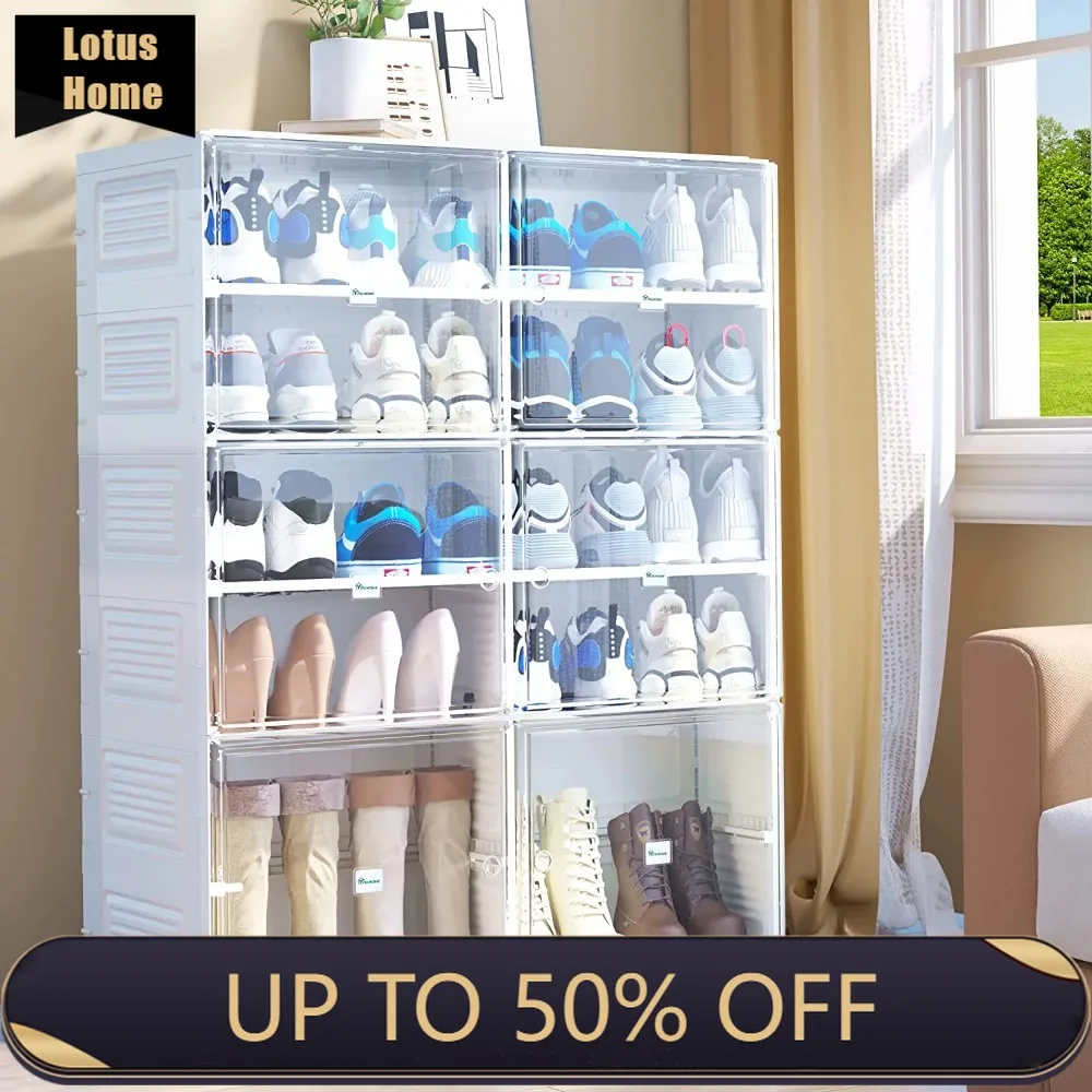 

Shoe Organizer and Storage Installation-Free Shoe Box Storage with Transparent Doors, 2-10 Grid Stackable Shoe Cabinet
