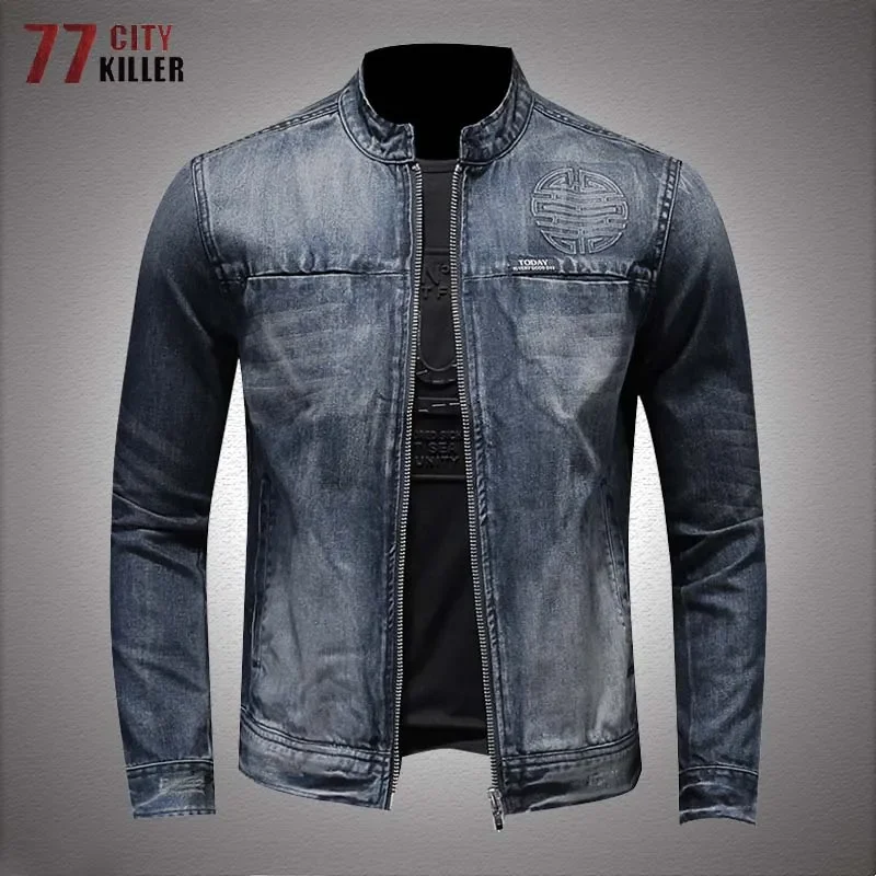

NEW 2023 Denim Jacket Men 5XL Stand Collar Zipper Motorcycle Cowboy Coats Mens Vintage Washed Cycling Jeans Jackets
