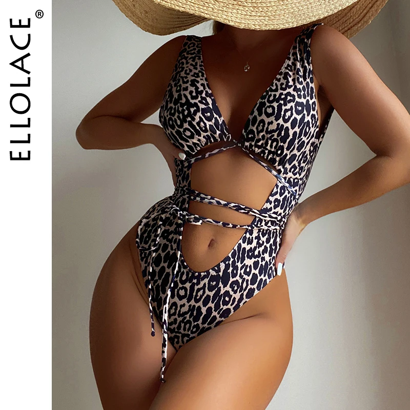 

Ellolace Leopard Women Swimsuit Hollow Out Bandage One Piece Swimwear With Girdle Sexy Bathing Suit Beach Fashion Monokini