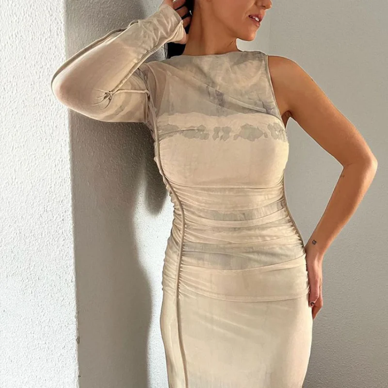 

Vintage One Long Sleeve Ruched Dress O Neck Back Zipper Slim Female Long Dress 2023 New Women's Printed Tulle Asymmetric Dress