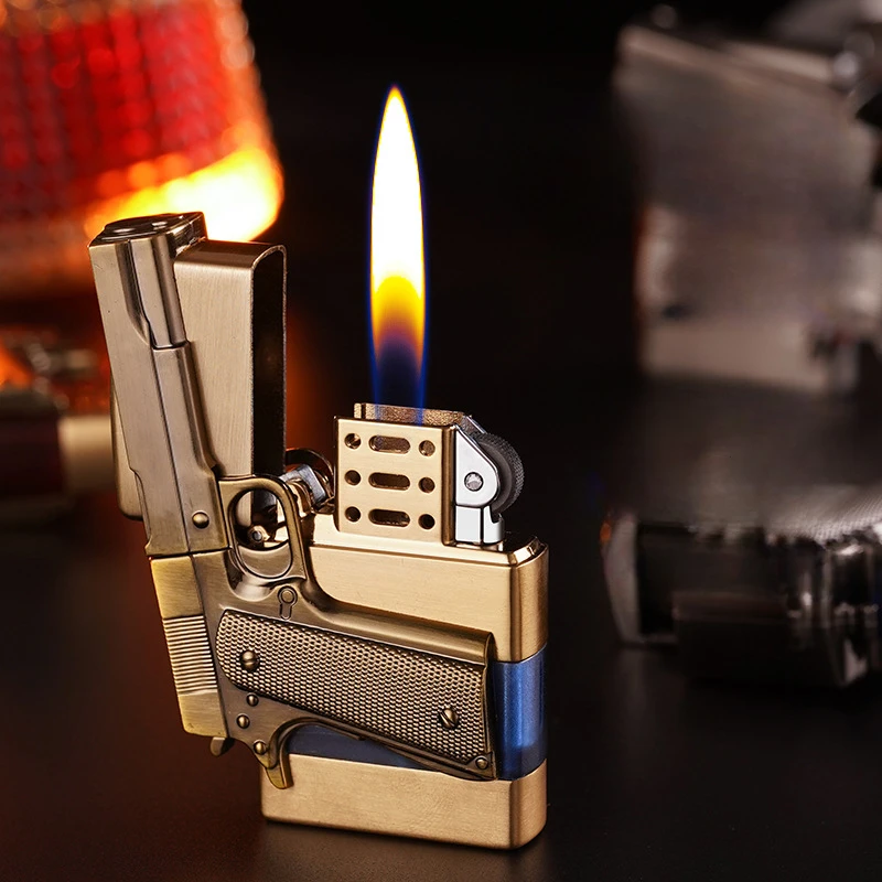

Grinding Wheel Ignition Lighter Open Flame Lighter Pistol Shape Metal Inflatable Lighter Gadgets for Men Smoking Accessories