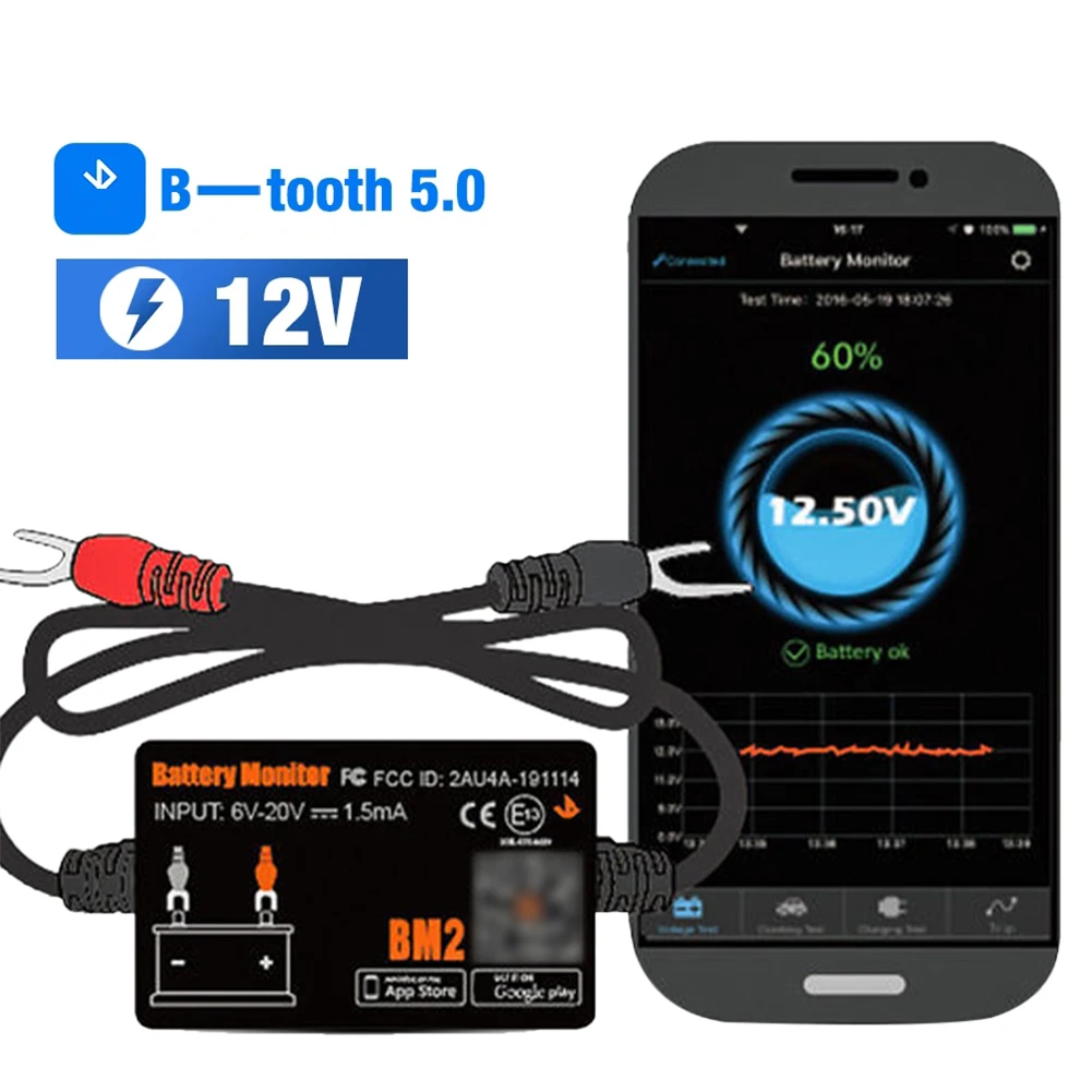 

BM2 Car Battery Monitor Bluetooth-Compatible 12V Battery Load Tester Wireless Cranking Charging Test Analyzer for Android iOS