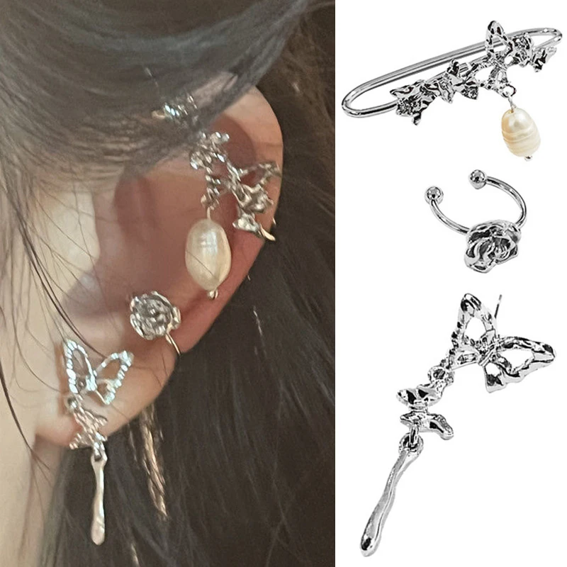 

3PCS/Set No Piercing Cartilage Ear Jewelry Ear Stud Clip Girl Earrings Butterfly Clip Earring Rose Temperament Ear Bone Clip