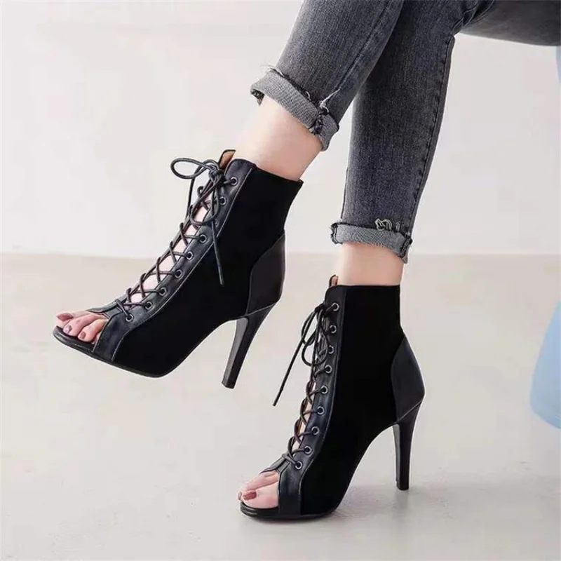 

2023 Trend Black Sexy Lace-Up Sandals Heels 9CM Women's Shoes Summer Peep Toe Boots Fashion Cloth Stilettos Jazz Dance Female