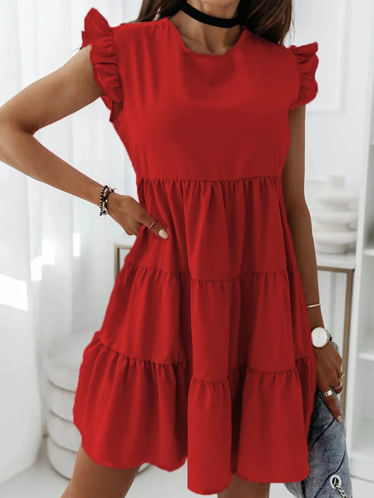 

Fashion Ruffle Sleeve O-neck Mini Dress Women Summer Solid Simple Splic A-line Dresses For Woman Casual Loose Dress Robe Femme