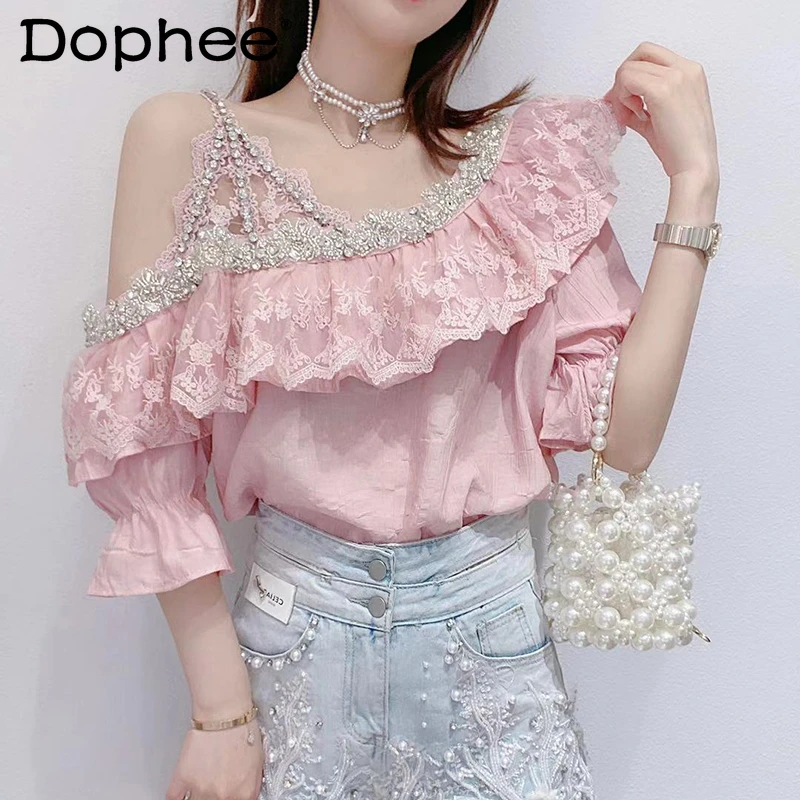 

Sweet Exquisite Rhinestone Ruffled Straps Shirt Women 2022 New Summer Blusas Mujer Sexy Off-Shoulder Chiffon Blouse White Tops