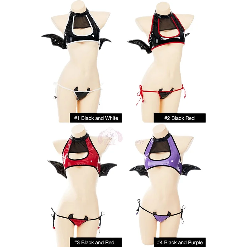 

SENMHS Sexy Bikini Lingerie Patent-Leather Devil Costume Role Play Outfit Underwear Set Little Demon Women Erotic Uniform