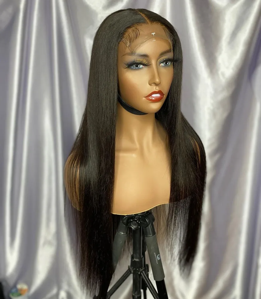 26Inch 180%Density Long Silky Straight Black Natural Hairline Lace Front Wig For Black Women With Baby Hair Heat Temperature