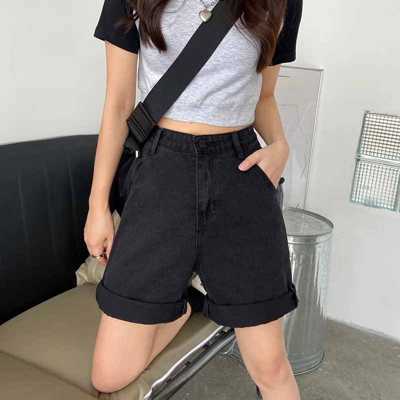 New Summer Women High Waist Wide Leg Black Denim Shorts Casual Female Loose Straight Button Jeans Bermuda Shorts