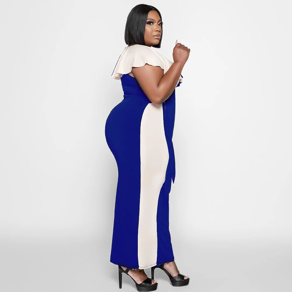 Plus Size Fashionable New Women's Casual Ruffle Collar Color Contrast Sleeveless Lace Dress V-Neck Wrapped Hip Slim Fit Dress