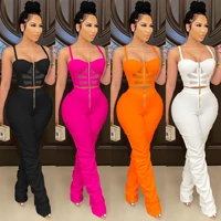 x5215 womens casual two piece spring and summer solid color sexy suspenders wrap chest zipper vest trousers suit women