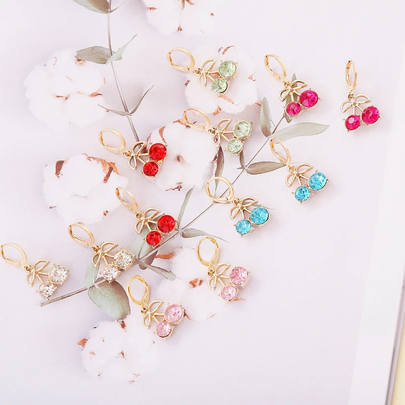 

New Cute Beauty Charm Stone Red Cherry Earrings Sweet Zircon Fashion Jewelry For Women Girl Student Fruit 1Pair Earring Gift