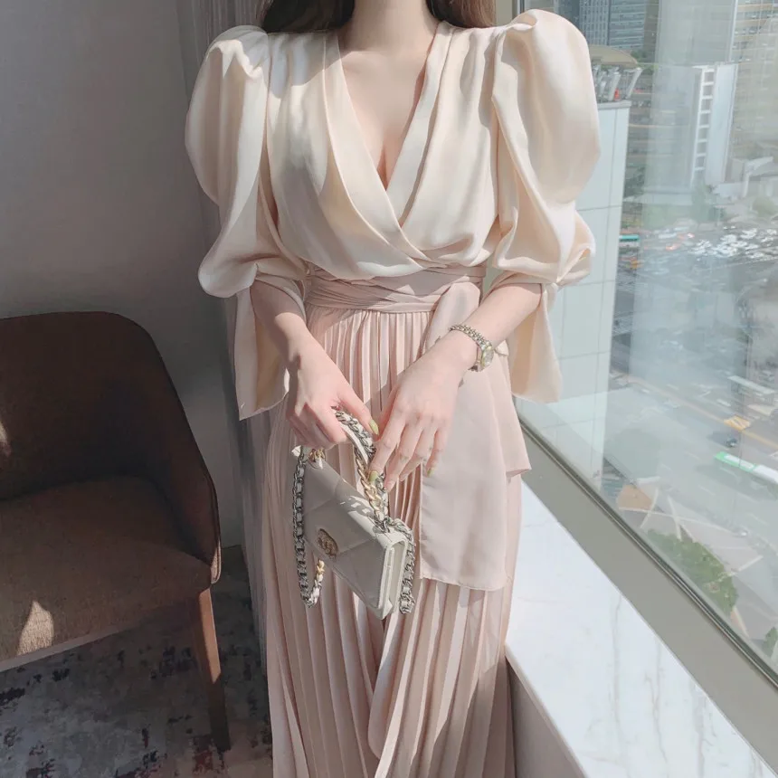 

Patchwork V-neck Ruched Chiffon Dress Puff Sleeve A-line Women's Long Vestidos Spting 2022 Largos Verano Korean Kobieta Sukienka