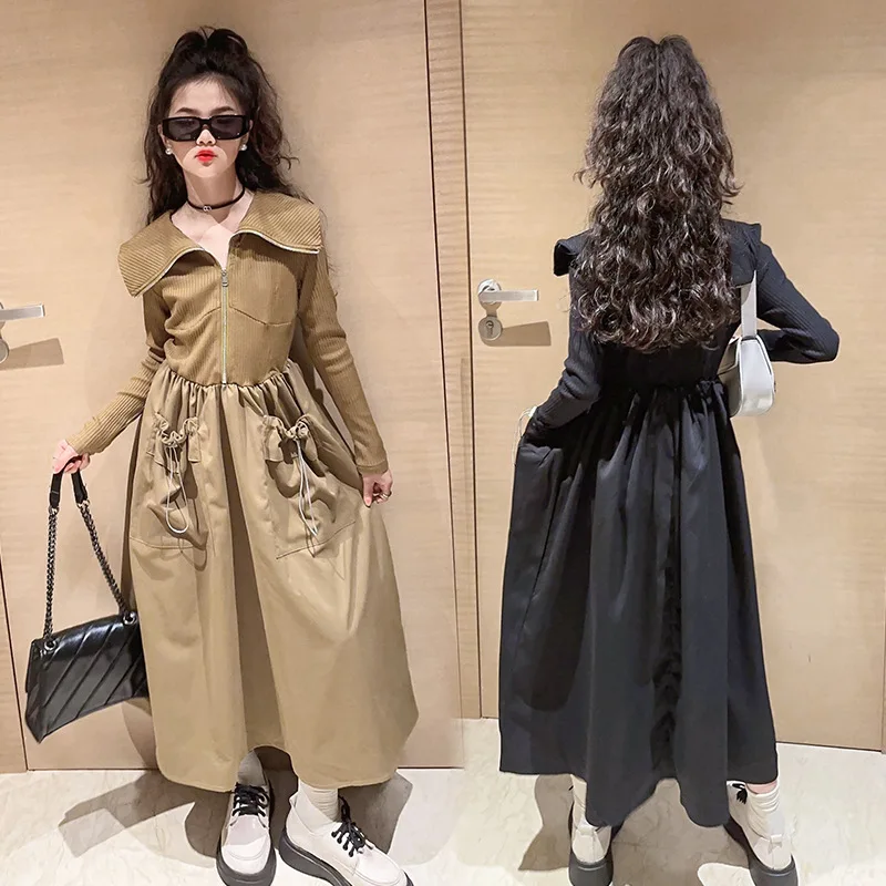 

Платья-карго для девочек-подростков Осенняя новая детская вечерние, уличная одежда, детское платье на молнии с карманами для детей 10, 12, 13, 14 лет