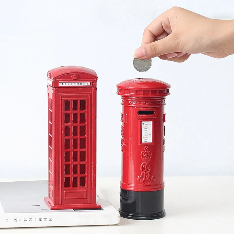 

Old school retro piggy bank for money classic British style telephone booth American call box Postbox London mailbox decoration