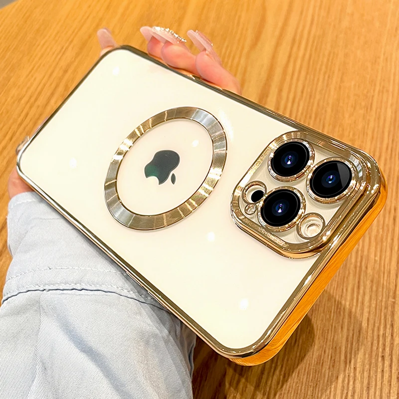 

For Magsafe Transparent Magnetic Case For iPhone 14 13 12 Pro Max Plating Shell Bumper Silicone Clear Covers With Lens Protector