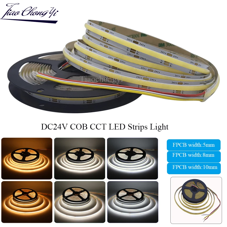 CCT COB LED Strip Light 5M High Density Dual Colour Warm Cool White Dimmable Linear Lights  24V 576leds/m Flexible Tape Rope
