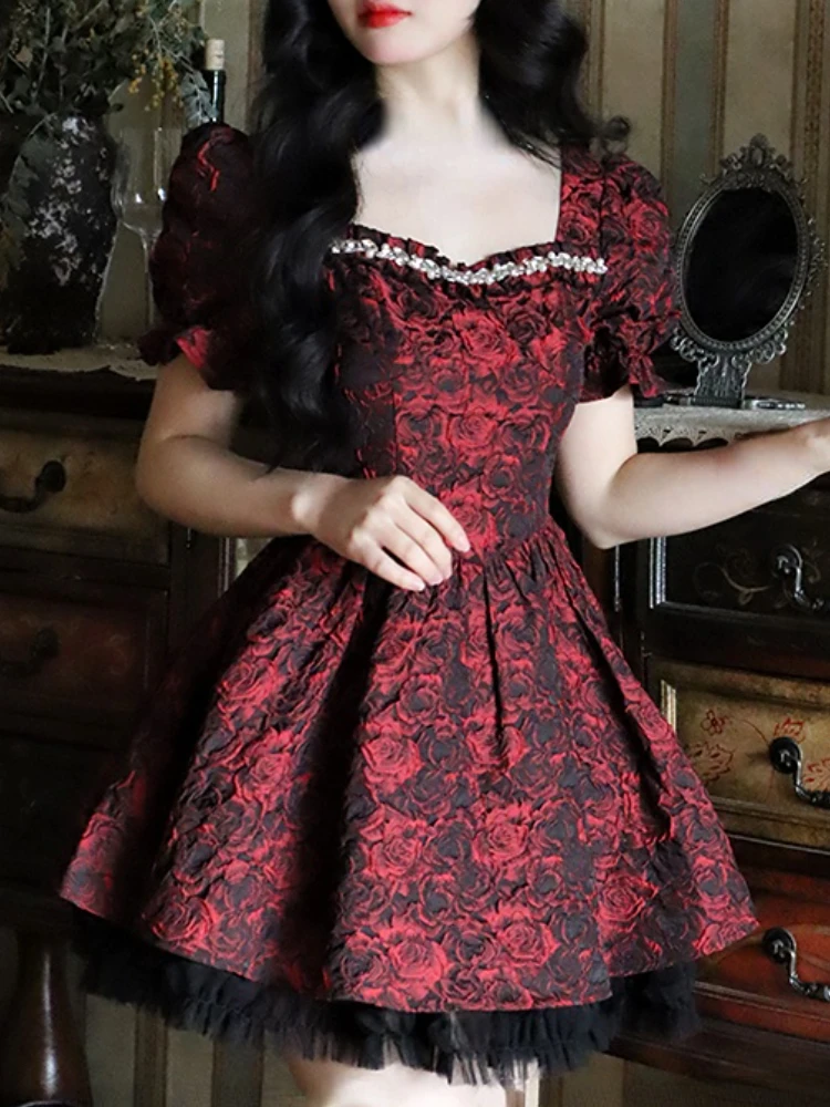 

2023 Spring Lolita Kawaii Floral Dress Women High Waist French Vintage Mini Dress Elegant Y2k Party One Piece Dress Korean Slim