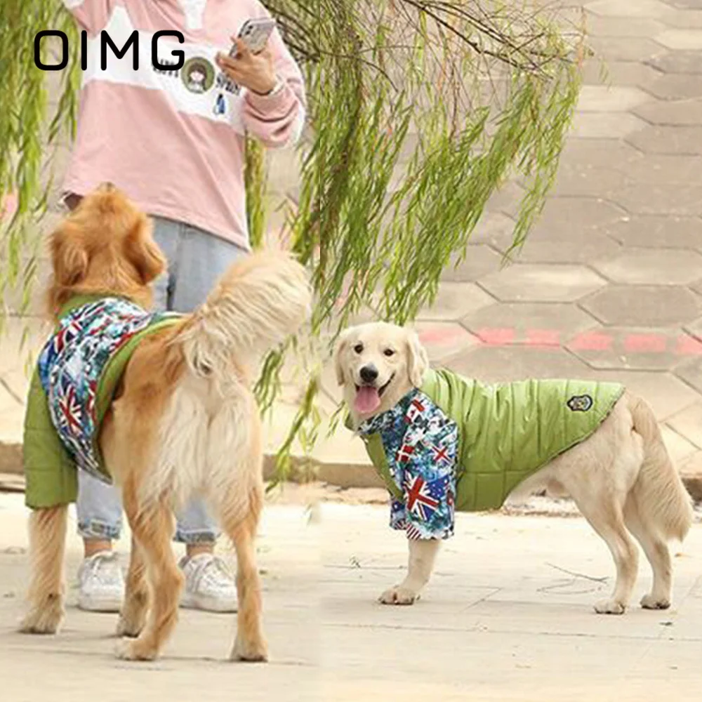 

OIMG Autumn Winter Medium Large Dogs Clothes Labrador Golden Retriever Samoyed Thickened Pet Cotton Clothes Green Two Sides Wear