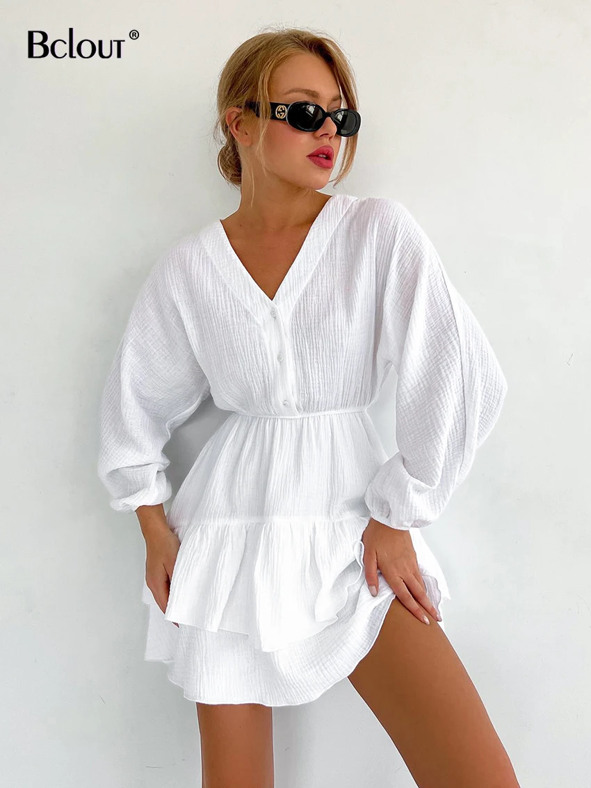 

Bclout осенние Хлопковые Платья с рюшами 2022 элегантное женское платье с рукавами-фонариками и оборками модное ТРАПЕЦИЕВИДНОЕ мини-платье с вы...