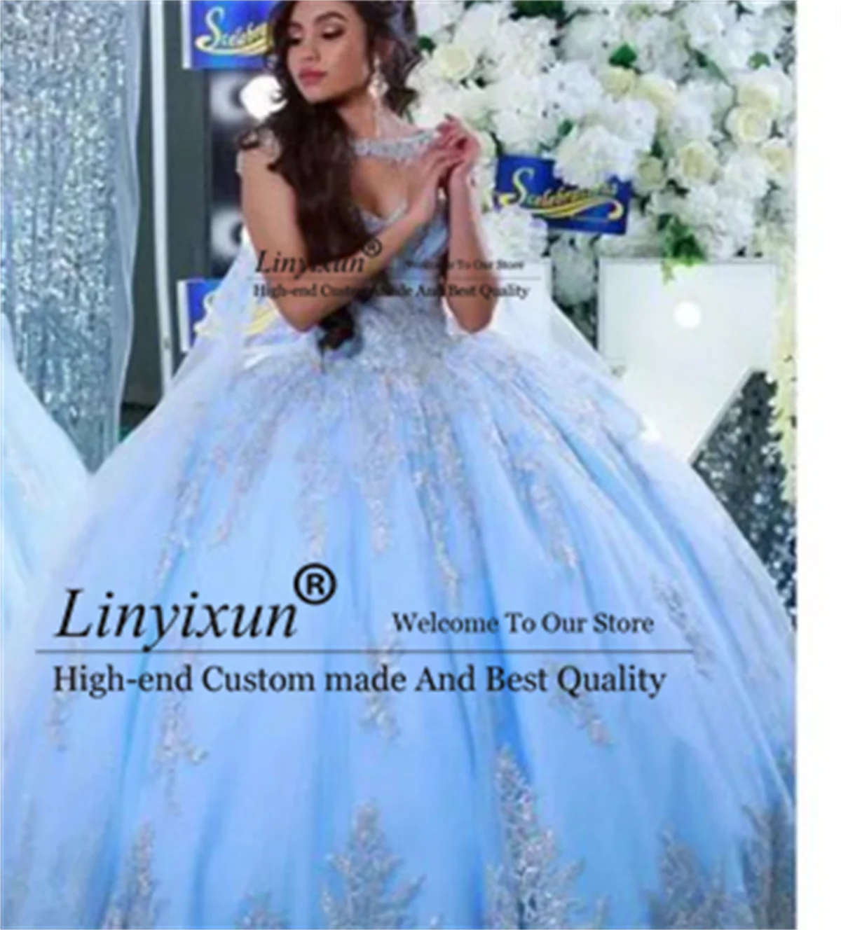 

Sky Blue Ball Gown Quinceanera Dresses Appliques Lace Beaded Princess Sweet 15 16 Dress With Wraps Lace Up vestidos de 15 años