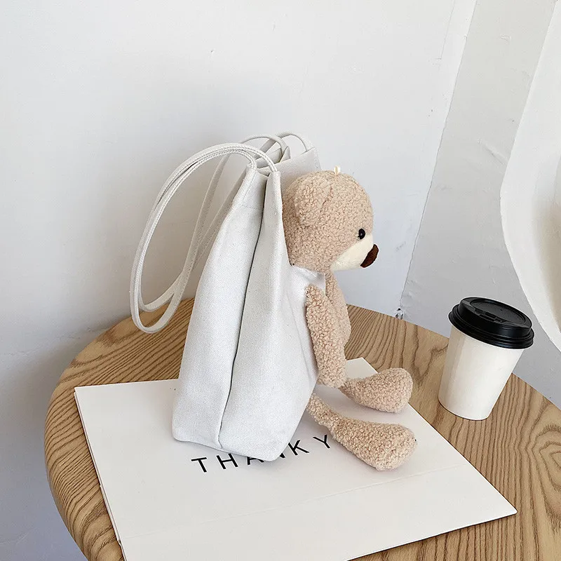 Korean Version New Little Bear Shoulder Bag Women'S Fashion Canvas Bag Travel Shopping Large Capacity Handheld Tote Bag M904