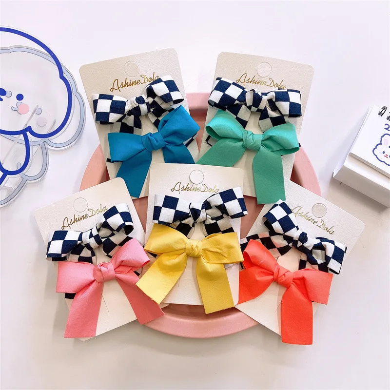 

Korean Spring and Summer Children's Checkerboard Bow Hairpin Girls Plaid Solid Color Duckbill Clip Pair of Hair Accessories