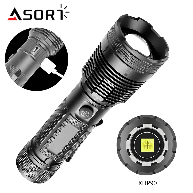 

Super Bright XHP90 Flashlight Rechargeable LED Lantern Waterproof Torch With Safety Hammer Hand Light For Self Defense Outdoor