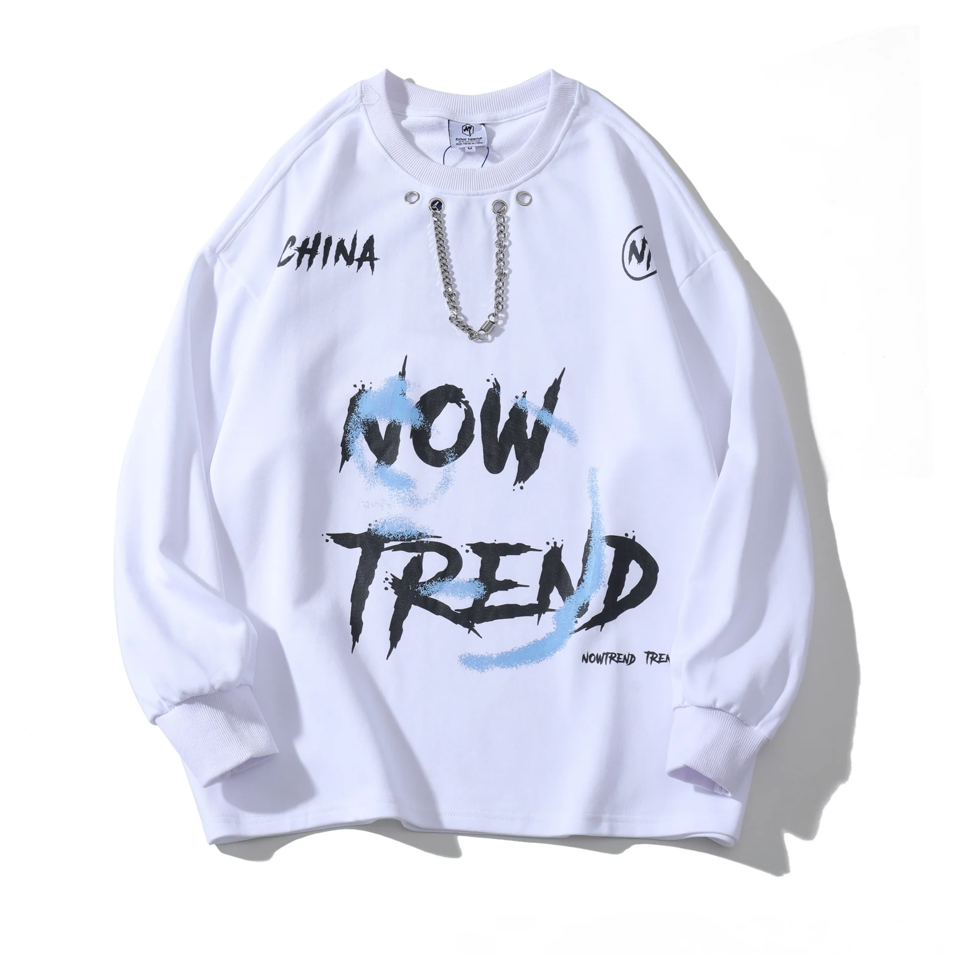 

2023 Metal Spring Over Size Hip Hop Necklace Decorative Letter Print Long Sleeve Round Neck Sweater Men