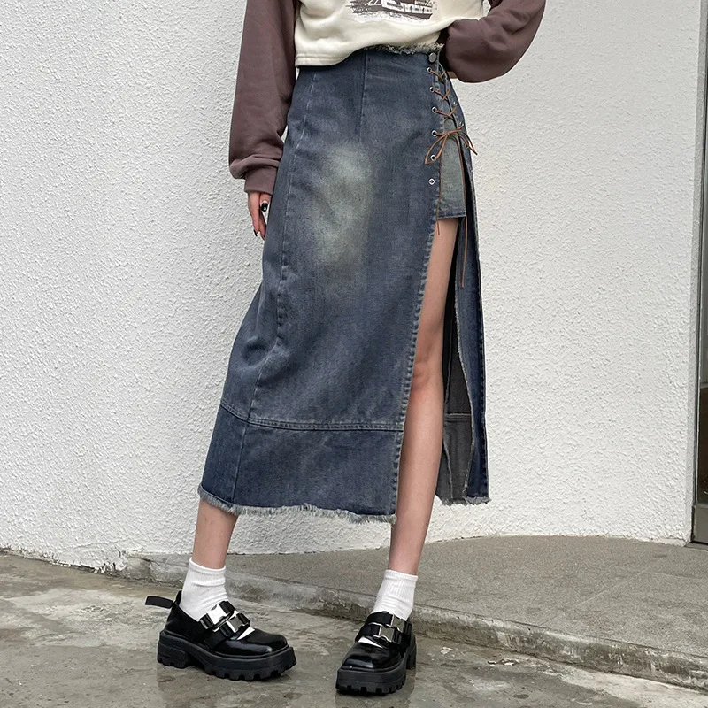 

vintage retro split maxi skirt women elegant bodycon skirts igh waist ripped bandage lace up tassel harajuku change color