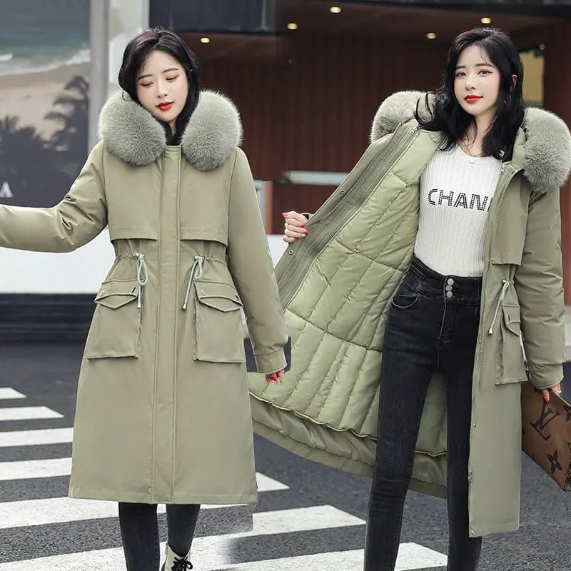Women's Winter Hooded Faux Fur Collar Jacket Women's Medium Long Waistline Slim Large Pocket Cotton Jacket Women's Coat