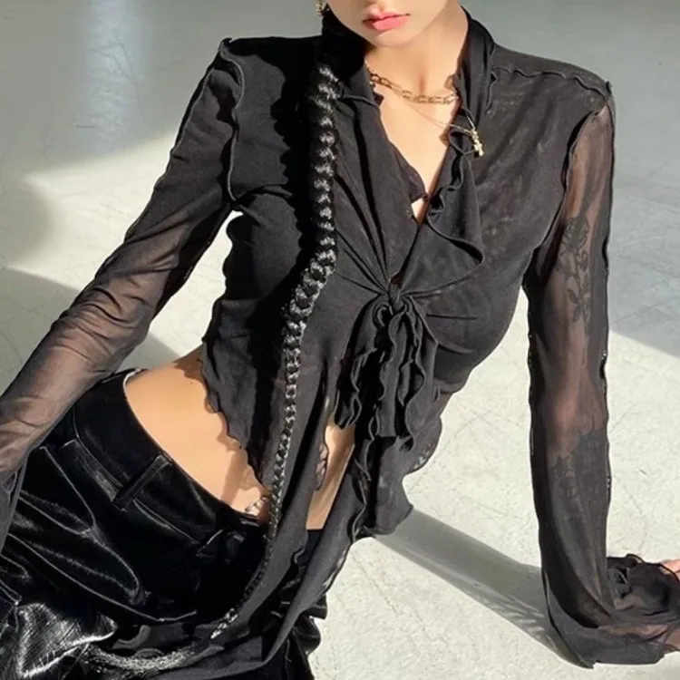 Асимметричные оборки Y2K блузки для женщин летний бандажный кроп-топ с