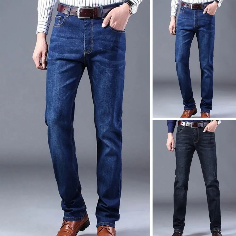 

Fashion Men Business Casual Jeans Stretch Straight Pants Elastic Mid Waist Pockets Denim Solid Color Long Trousers Male Clothes