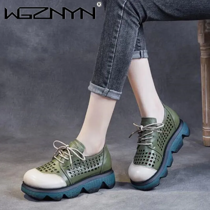 

Ladies Genuine PU Leather Sandals Summer Retro 2022 Shoes Mixed Colors Concise Platform Wedges Hollow Roman Sandals Lace-Up Shoe