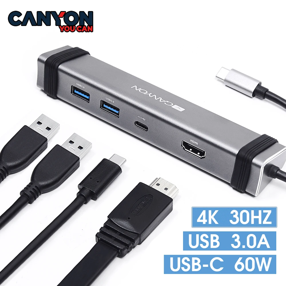 

CANYON Portable Multlport Hub USB 3.0 Type A Type C Ports 3.5 MM Combined Audio jack 1000 Mbit Ethernet Output For PC Laptops