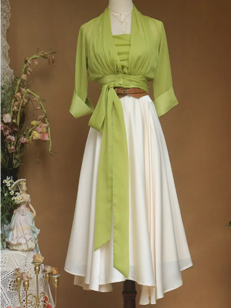 

Vintage Chinese Style Woman Outfits Retro Chic Slash Neck Spaghetti Strap Summer Long Dress With Belt Cardigan Lady 2 Piece Set